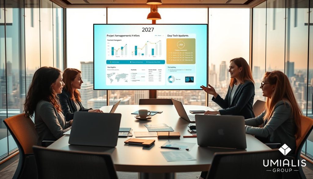 A busy modern office environment emphasizing project management as a consultant under the portage salarial model. In the foreground, a diverse group of three professionals, two women and one man, dressed in smart business attire, engaged in a brainstorming session around a sleek conference table with laptops and documents spread out. In the middle ground, a large digital screen displays graphs and charts indicating project priorities and timelines for 2027. The background features glass walls with views of a city skyline, bathed in warm, natural light that enhances the optimistic atmosphere. The scene conveys focus, collaboration, and strategic planning. Include the UMALIS GROUP branding subtly in the decor, ensuring a professional ambiance.