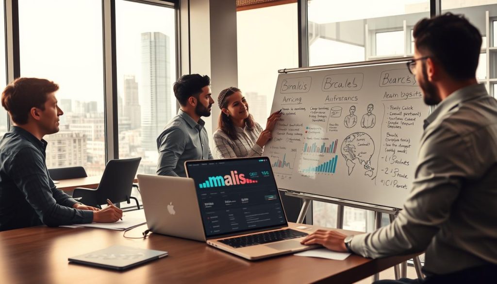 A busy office scene with a team of IT freelancers strategizing their sales and marketing efforts. In the foreground, a group of professionals huddle around a large whiteboard, sketching out customer personas, pricing models, and outreach tactics. In the middle ground, a laptop displays a sleek Umalis Group branded dashboard, showcasing analytics and lead tracking. The background features floor-to-ceiling windows overlooking a bustling city skyline, bathed in warm, diffused lighting that sets a focused, determined mood. The scene captures the energy and dynamism of a thriving freelance IT business, poised for growth.