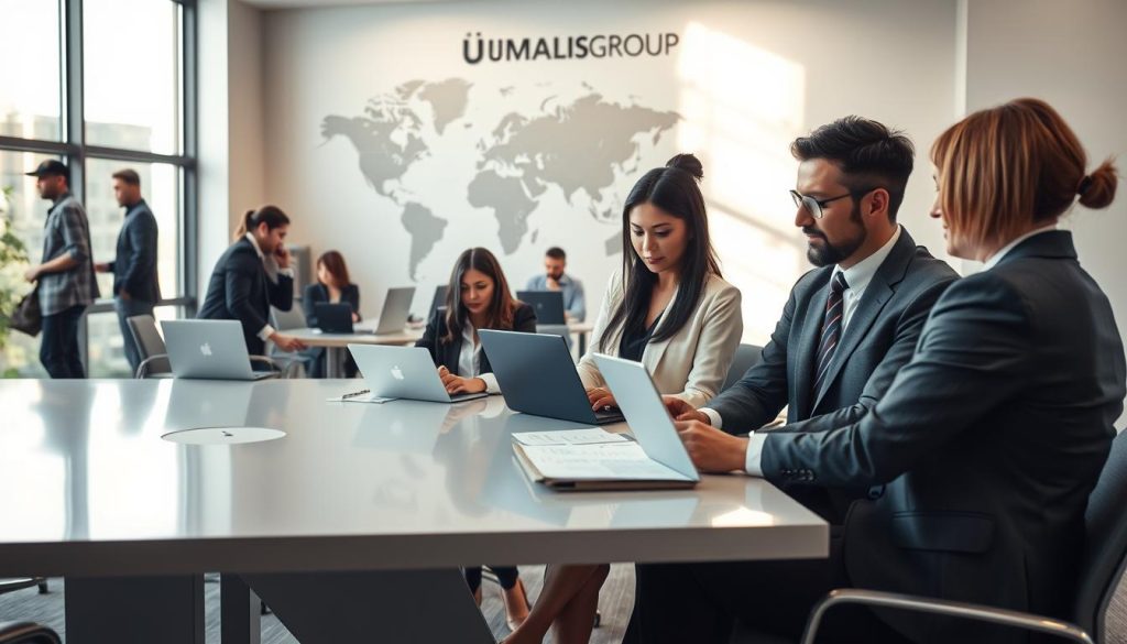 A busy professional setting depicting the concept of "société de portage" in an international context. In the foreground, a diverse group of professionals in business attire (a man and a woman) are engaged in a discussion over documents on a sleek conference table, showcasing cooperation and teamwork. In the middle ground, various individuals are working at laptops, highlighting digital nomads and remote consulting in a modern office environment. The background features a large world map on the wall, symbolizing global connections and the reach of portage salarial. Soft, natural lighting filters in through large windows, creating a warm and inviting atmosphere. The brand name “UMALIS GROUP” subtly displayed on a wall in the background. The overall mood is professional yet collaborative, emphasizing independence with a safety net in international consulting.