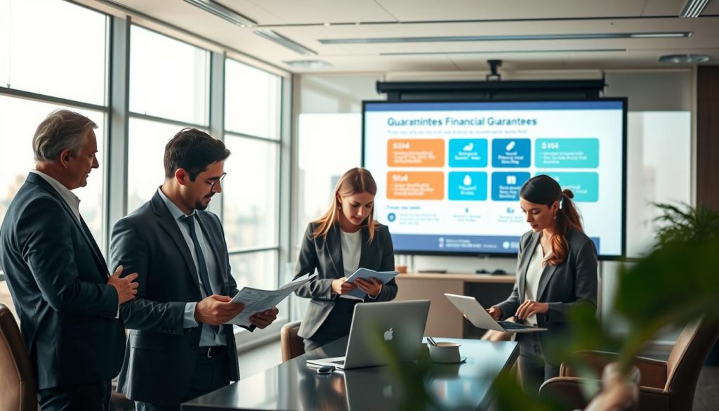 A calm and professional office environment illustrating financial security and social protection in the context of freelance work. In the foreground, a diverse group of three professionals in business attire—a man analyzing documents, a woman discussing with a colleague, and another woman making notes on a laptop—are engaged in conversation. In the middle ground, a large presentation screen displays graphics related to financial guarantees and social benefits, emphasizing clarity and professionalism. The background features a modern office decor with light-filled windows showcasing a city skyline, enhancing a sense of optimism and opportunity. Soft, natural lighting illuminates the scene, creating a warm and inviting atmosphere that conveys stability and support. A calm and professional office environment illustrating financial security and social protection in the context of freelance work. In the foreground, a diverse group of three professionals in business attire—a man analyzing documents, a woman discussing with a colleague, and another woman making notes on a laptop—are engaged in conversation. In the middle ground, a large presentation screen displays graphics related to financial guarantees and social benefits, emphasizing clarity and professionalism. The background features a modern office decor with light-filled windows showcasing a city skyline, enhancing a sense of optimism and opportunity. Soft, natural lighting illuminates the scene, creating a warm and inviting atmosphere that conveys stability and support.