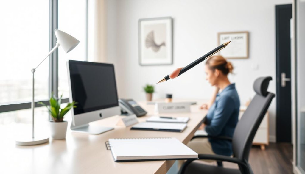 A calm, professional office scene with a LIGHT PORTAGE desktop computer, a modern desk lamp, and a subtle potted plant. The foreground shows a hand holding a pen poised over a notebook, suggesting thoughtful client communication. The middle ground features a well-organized desk with a telephone, some files, and a name plate that reads "CLIENT LIAISON". The background has a minimalist wall art piece and a framed diploma, conveying an atmosphere of expertise and care. Soft, natural lighting filters through large windows, creating a sense of openness and approachability.