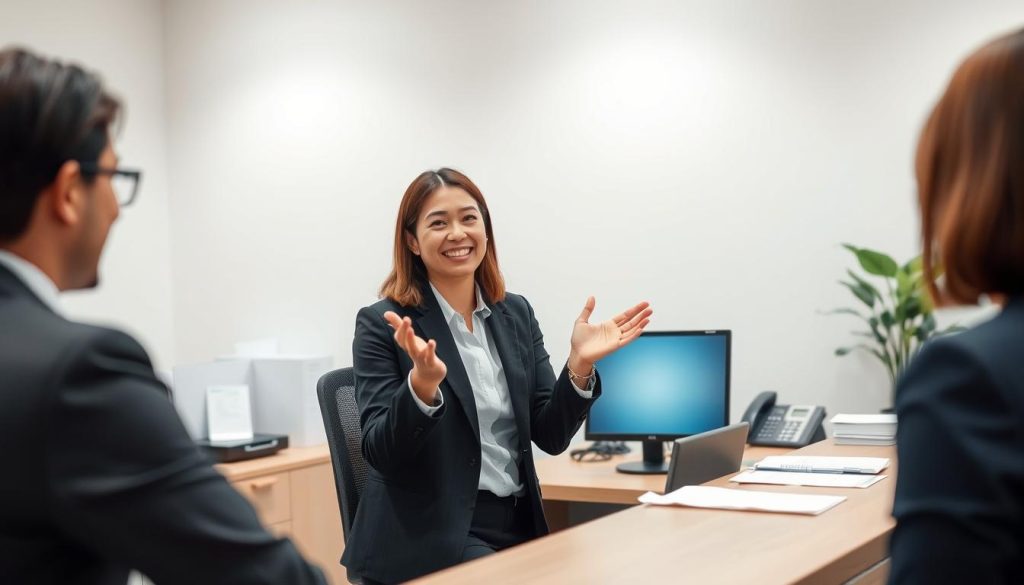 A calm, professional office setting with a LIGHT PORTAGE branded desk. In the foreground, a person in business attire is smiling warmly while addressing a customer, gesturing with an open, reassuring posture. The middle ground shows neatly organized documents, a computer, and a phone, conveying efficiency and attention to detail. The background has soft, neutral tones and minimal distractions, creating a serene, focused atmosphere. Gentle, diffused lighting illuminates the scene, suggesting a welcoming and empathetic environment for resolving customer concerns.