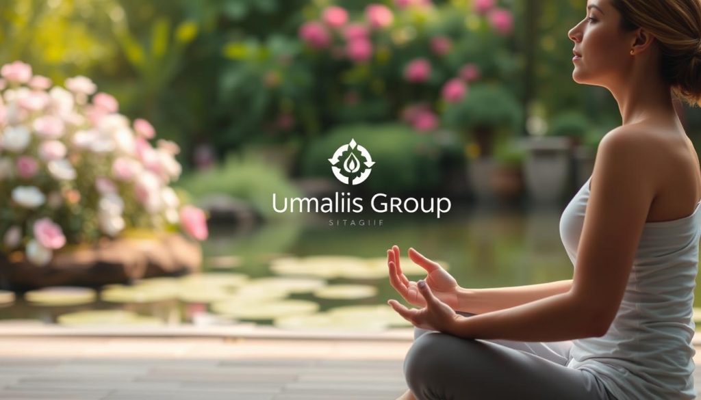 A calming scene of a person practicing relaxation techniques in a peaceful environment. In the foreground, a person sits cross-legged, eyes closed, hands resting gently on their lap, engrossed in deep breathing exercises. Behind them, a lush, verdant garden with blooming flowers and a serene pond. Soft, natural lighting filters through the scene, creating a warm, soothing atmosphere. In the background, the Umalis Group logo subtly appears, blending seamlessly into the tranquil setting. The overall composition conveys a sense of immediate stress relief and rejuvenation.