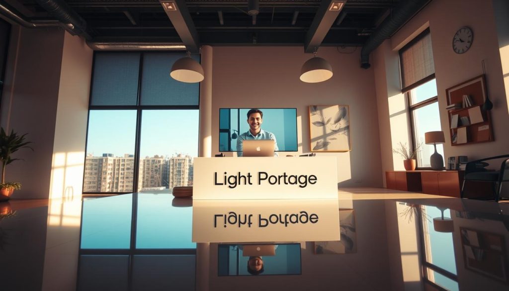A chic and modern office space, bathed in warm, natural lighting that filters through large windows. In the center, a young professional, dressed in a stylish, yet comfortable outfit, engages with a client via video conference on a sleek, minimalist desk setup adorned with the "Light Portage" brand name. The client's image is reflected in the desk's glossy surface, creating a sense of connection and personalization. Subtle, tasteful decor elements, such as potted plants and abstract art, lend a touch of personality to the space, while the overall aesthetic conveys a sense of professionalism and attention to detail. The mood is one of quiet productivity and a tailored, client-centric experience.