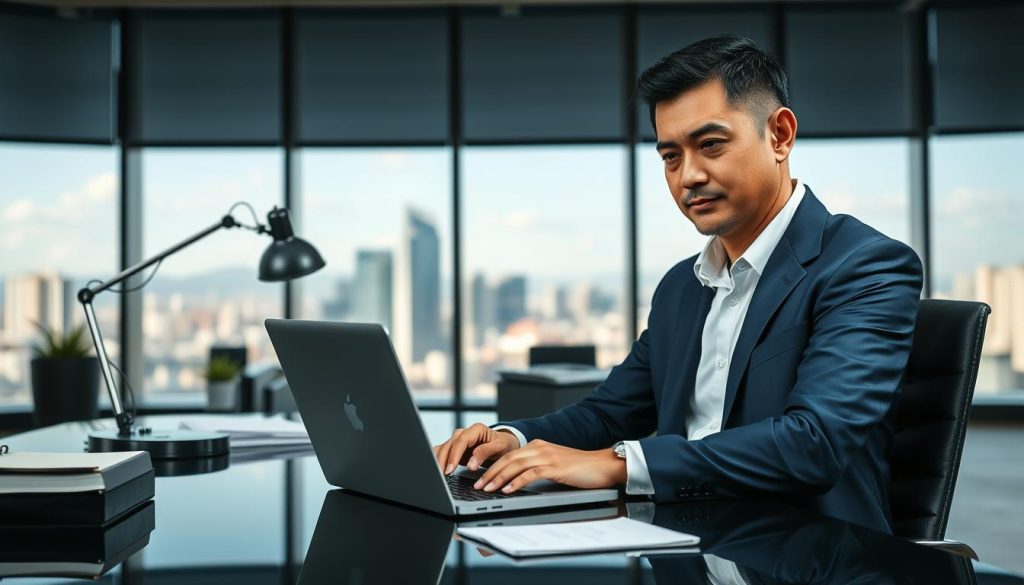 A classic salaried professional sitting at a sleek black desk in a modern office environment, dressed in a well-tailored navy blue suit and a crisp white shirt. The foreground shows the individual, a confident middle-aged person with short black hair, focused on a laptop, showcasing a blend of determination and professionalism. The middle ground features organized office supplies, a stylish desk lamp, and a notepad, creating a productive ambiance. The background reveals a panoramic window with a city skyline, suggesting a dynamic urban landscape outside. Soft, natural lighting filters in, creating a warm atmosphere that resonates with stability and security. The logo of "UMALIS GROUP" is subtly displayed on the desk. The overall mood is inspiring, emphasizing the blend of individual effort and corporate support. A classic salaried professional sitting at a sleek black desk in a modern office environment, dressed in a well-tailored navy blue suit and a crisp white shirt. The foreground shows the individual, a confident middle-aged person with short black hair, focused on a laptop, showcasing a blend of determination and professionalism. The middle ground features organized office supplies, a stylish desk lamp, and a notepad, creating a productive ambiance. The background reveals a panoramic window with a city skyline, suggesting a dynamic urban landscape outside. Soft, natural lighting filters in, creating a warm atmosphere that resonates with stability and security. The logo of "UMALIS GROUP" is subtly displayed on the desk. The overall mood is inspiring, emphasizing the blend of individual effort and corporate support.