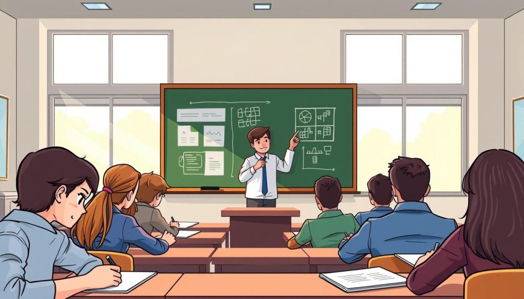 A classroom setting with a chalkboard or whiteboard at the front, showcasing a structured learning approach. In the foreground, students diligently taking notes, their faces focused and engaged. The middle ground features a teacher, standing before the class, gesturing towards a visual aid or diagram on the board, guiding the lesson. The background is softly lit, with natural light filtering in through large windows, creating a warm and inviting atmosphere. The overall composition conveys a sense of order, progression, and a methodical approach to gaining industry knowledge.