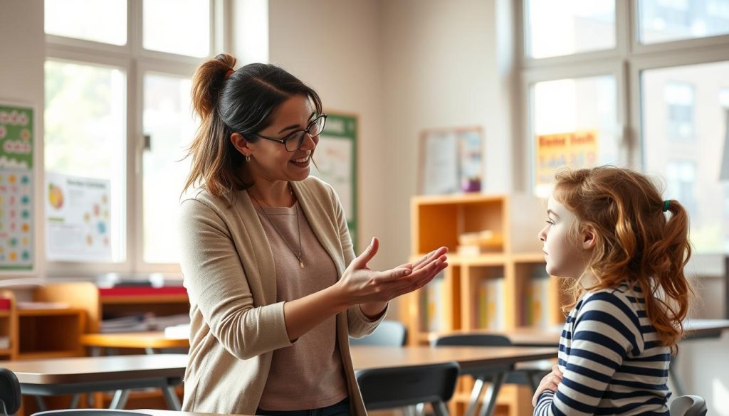 A classroom setting with a teacher guiding a young student through a behavior modification exercise. The teacher's calm, patient demeanor contrasts with the child's initial defiance, which gradually transforms into engagement as the lesson progresses. Soft, natural lighting filters through large windows, creating a warm, nurturing atmosphere. The walls are adorned with educational posters and charts, reinforcing the educational theme. The teacher's hands gesticulate gently, emphasizing the lesson, while the student's posture shifts from slouched to attentive. The scene depicts the collaborative process of behavior change, where guidance and understanding lead to positive outcomes.