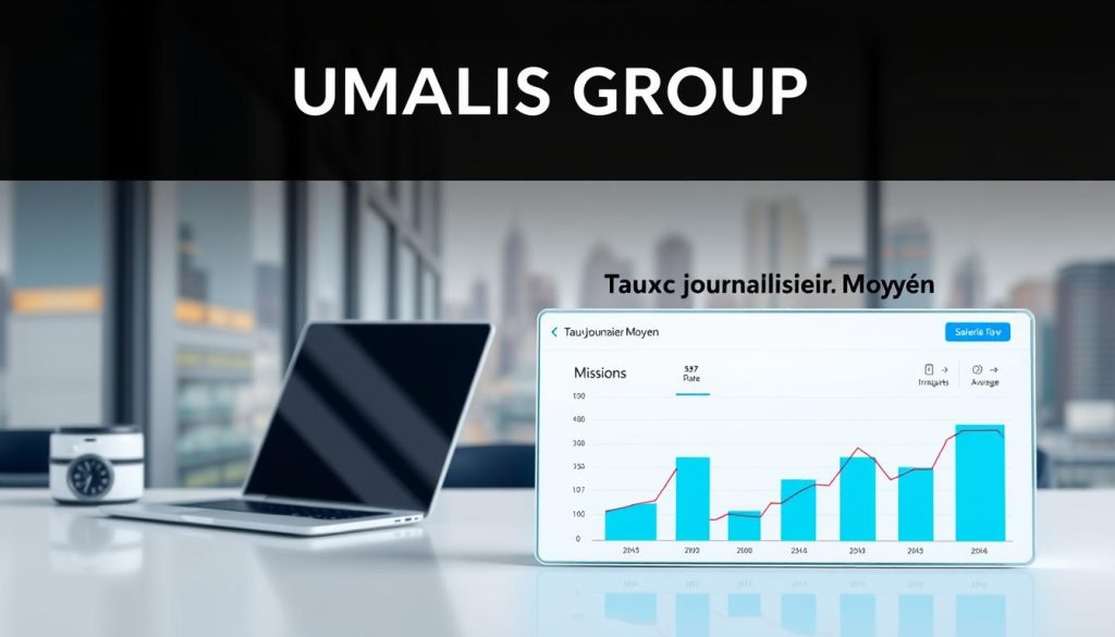 A clean and minimalist design featuring the UMALIS GROUP brand name prominently displayed. In the foreground, a digital dashboard or chart showcasing the "Taux Journalier Moyen" (average daily rate) for missions, with clear and informative data visualization elements. The middle ground could depict a professional office setting, with a laptop, calendar, and other workplace accessories, conveying the concept of salaried employment. The background should have a subtle, blurred cityscape or corporate skyline, creating a sense of urban professionalism. The overall mood should be one of clarity, sophistication, and financial expertise, reflecting the subject matter of the article section.