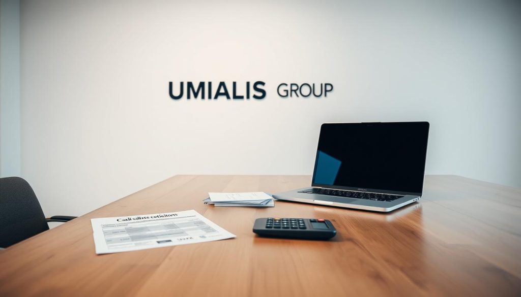A clean and minimalist office interior, with a large wooden desk in the foreground. On the desk, a laptop, a calculator, and various financial documents, including a "Calcul salaire cotisations" form. Soft, diffused lighting illuminates the scene, creating a professional and focused atmosphere. In the background, the UMALIS GROUP logo is displayed on a plain wall, subtly reinforcing the corporate setting. The composition emphasizes the importance of financial calculations and contributions in the salaried employment context.