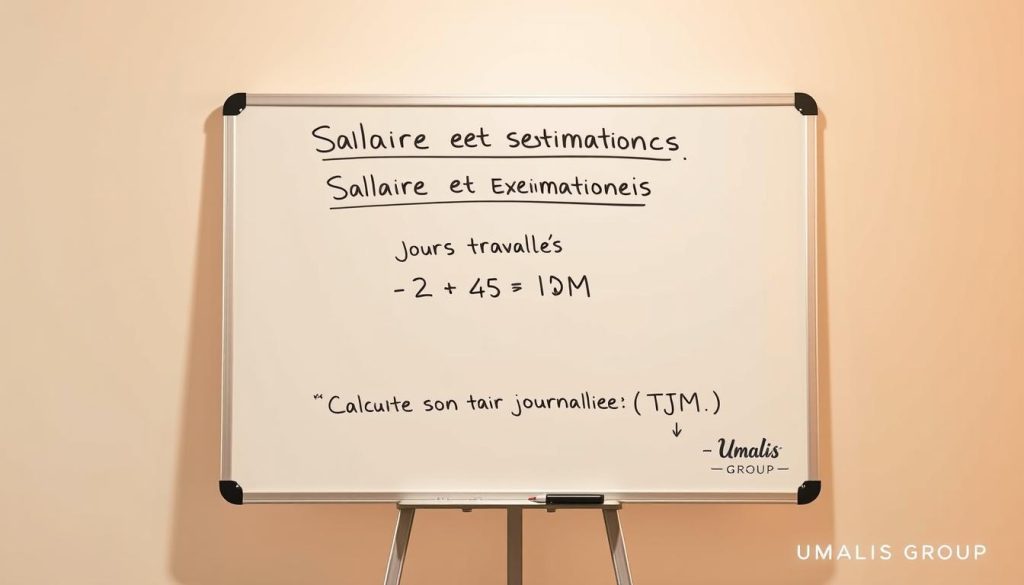 A clean and minimalist whiteboard with a black marker diagram depicting the "Salaire Freelance : Tarifs et Estimations USA" topic. The diagram shows a simple formula for calculating the average daily rate, with clearly labeled elements such as "Salaire Annuel", "Jours Travaillés", and "TJM". The board is set against a soft, blurred background, creating a professional and focused atmosphere. The lighting is warm and directional, casting subtle shadows on the whiteboard surface. The overall mood is one of clarity and practicality, reflecting the informative nature of the "Calculer son Tarif Journalier Moyen (TJM)" section. Subtle branding for "Umalis Group" is present in the bottom right corner.