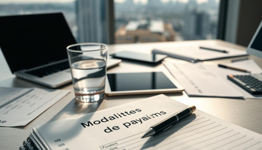 A clean and modern office desk with a laptop, tablet, and various financial documents neatly arranged. In the foreground, a glass of water and a pen rest on a ledger open to a page showcasing "Modalités de paiement" in the Umalis Group branding. Soft, directional lighting highlights the scene, creating a sense of professionalism and attention to detail. The background features a subtle, blurred cityscape, suggesting the context of a thriving business environment. The overall composition conveys a sense of organized financial management and a focus on the payment modalities associated with the Umalis Group's services. A clean and modern office desk with a laptop, tablet, and various financial documents neatly arranged. In the foreground, a glass of water and a pen rest on a ledger open to a page showcasing "Modalités de paiement" in the Umalis Group branding. Soft, directional lighting highlights the scene, creating a sense of professionalism and attention to detail. The background features a subtle, blurred cityscape, suggesting the context of a thriving business environment. The overall composition conveys a sense of organized financial management and a focus on the payment modalities associated with the Umalis Group's services.