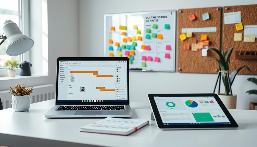 A clean and modern workspace, filled with Umalis Group's project management tools. On the desk, a laptop displays Gantt charts and task lists, while a tablet nearby shows real-time project dashboards. In the background, a whiteboard covered in colorful sticky notes and a corkboard hung with timelines and milestones. Soft natural lighting illuminates the scene, creating a focused and productive atmosphere. The tools are neatly organized, conveying a sense of efficiency and control over the project. This image captures the essence of "Les outils de suivi et de contrôle de projet" in a visually appealing and informative way.