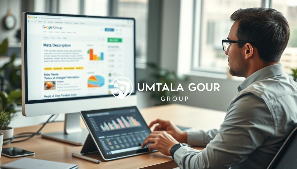 A clean and organized workspace featuring a computer screen displaying an eye-catching web page with highlighted title and meta description elements to illustrate optimization for better CTR. In the foreground, a focused business professional in smart attire examines website analytics on the screen, portraying motivation and clarity. In the middle ground, a digital tablet shows graphs and charts representing improvement metrics, emphasizing success. The background is softly blurred, featuring a modern office environment with subtle greenery, enhancing a feeling of professionalism. Soft, natural lighting illuminates the scene, creating a warm and inviting atmosphere. The brand name "UMALIS GROUP" is subtly referenced through a logo on the computer screen, blending seamlessly with the overall image. A clean and organized workspace featuring a computer screen displaying an eye-catching web page with highlighted title and meta description elements to illustrate optimization for better CTR. In the foreground, a focused business professional in smart attire examines website analytics on the screen, portraying motivation and clarity. In the middle ground, a digital tablet shows graphs and charts representing improvement metrics, emphasizing success. The background is softly blurred, featuring a modern office environment with subtle greenery, enhancing a feeling of professionalism. Soft, natural lighting illuminates the scene, creating a warm and inviting atmosphere. The brand name "UMALIS GROUP" is subtly referenced through a logo on the computer screen, blending seamlessly with the overall image.