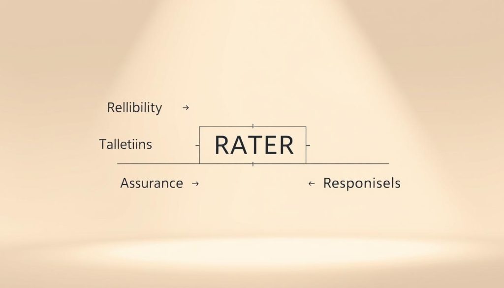 A clean, minimalist diagram illustrating the RATER framework dimensions against a soft, ethereal background. The layout is well-structured, with each dimension - Reliability, Assurance, Tangibles, Empathy, and Responsiveness - presented as distinct, evenly-spaced elements. The design uses a muted, professional color palette, with clean typography and subtle visual cues to reinforce the framework's concepts. Gentle lighting creates depth and a sense of balance, while the camera angle provides an uncluttered, centered view of the diagram. The overall mood is informative yet visually pleasing, suitable for inclusion in the 'Service Quality Essentials' section of the article.