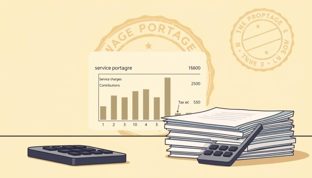 A clean, minimalist illustration depicting the fee structure for a wage portage arrangement in France. In the foreground, a stack of neatly organized financial documents and a calculator, conveying the administrative details. In the middle ground, a stylized bar chart or infographic visually breaking down the various fees - service charges, social contributions, taxes, etc. The background features a subtle pattern or texture suggestive of an official stamp or seal, lending an air of formality and legitimacy. Warm, neutral lighting casts a professional, business-like mood. The overall composition strikes a balance between analytical clarity and visual interest, perfectly suited to accompany the article's section on the financial aspects of wage portage.