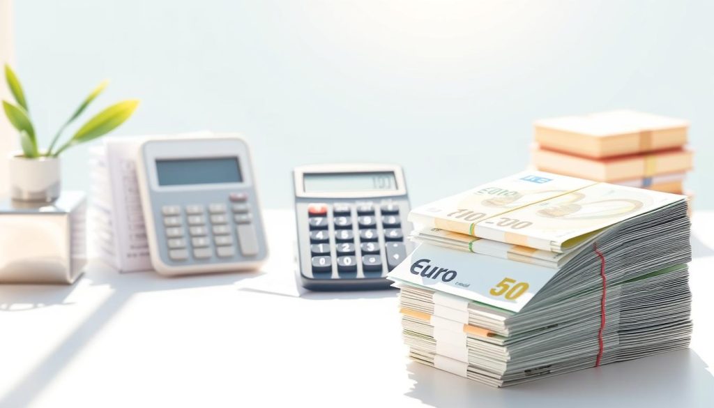 A clean, minimalist illustration depicting the key financial metrics of a "salaire net portage salarial" contract. In the foreground, a stack of clean, crisp euro bills, highlighting the net salary amount. In the middle ground, a calculator and some financial documents, representing the calculations and details involved. In the background, the Umalis Group logo, subtly indicating the professional support services they provide. Bright, natural lighting casts a warm, trustworthy glow over the scene. The overall mood is one of clarity, transparency, and financial security.