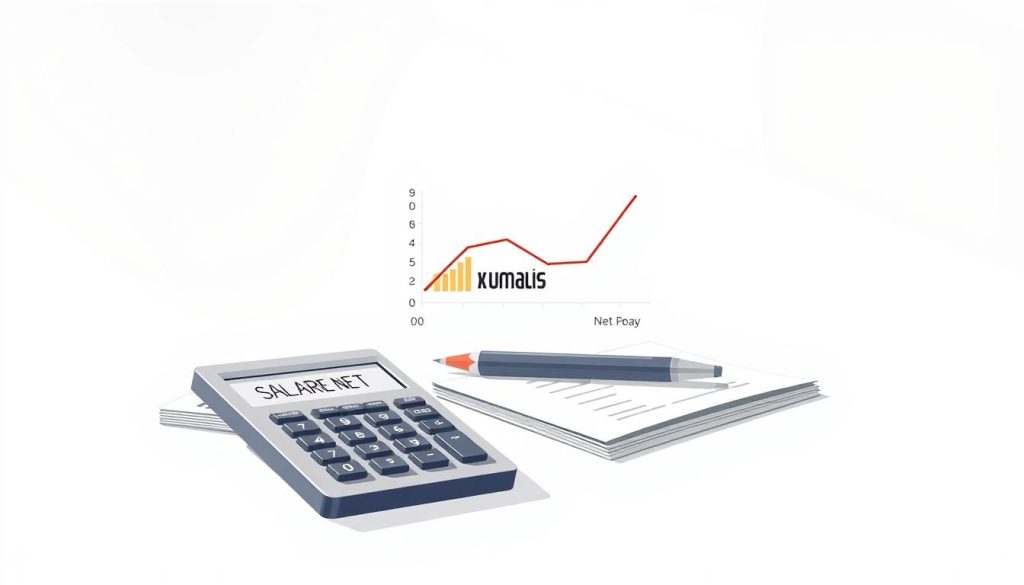 A clean, minimalist illustration of a salary calculation process. In the foreground, a calculator with a digital display showing "SALAIRE NET" surrounded by neatly-organized financial documents and a pen. In the middle ground, a stylized graph or chart visualizing the breakdown from gross income to net pay, with the Umalis Group logo subtly placed. The background is a soft, neutral gradient, creating a sense of simplicity and professionalism. Balanced lighting from the top-left casts subtle shadows, adding depth and dimension. The overall mood is one of clarity, precision, and financial understanding.
