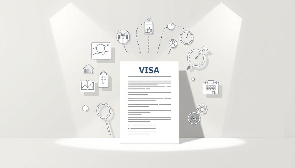 A clean, minimalist illustration of visa requirements for independent contractors, captured in a professional, informative style. A central document in the foreground, surrounded by icons and symbols representing key visa details - travel, work, residence, and legal compliance. The background features a subdued geometric pattern in muted tones, creating a sense of structure and organization. Lighting is soft and directional, conveying an air of authority and reliability. The overall composition is balanced and visually compelling, suitable for an informative article on this topic.