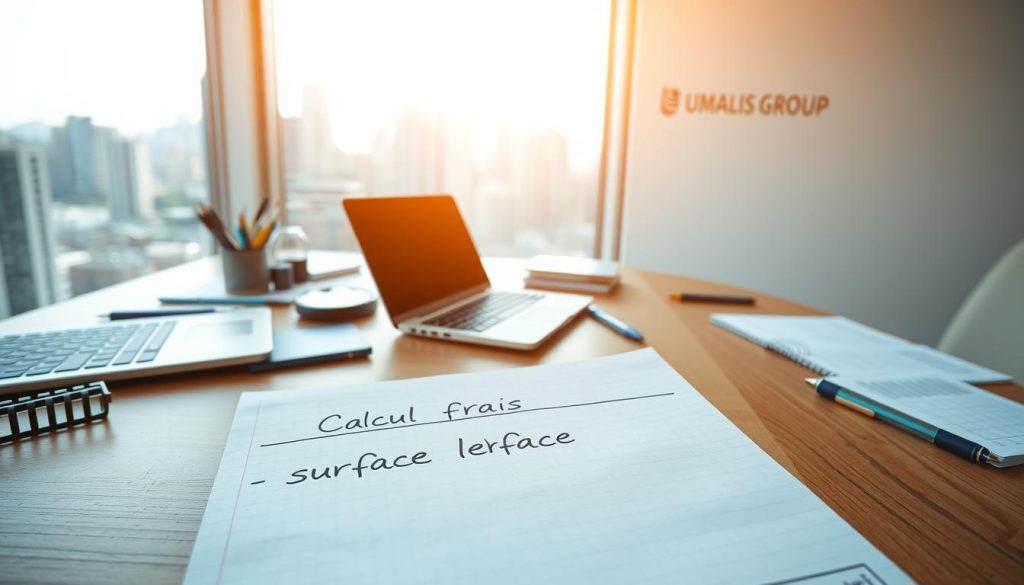 A clean, minimalist office space with a wooden desk, a laptop, a calculator, and various office supplies neatly arranged. The desk is set against a large window overlooking a city skyline, bathed in warm, natural lighting. In the foreground, a sheet of paper with handwritten calculations, titled "Calcul frais surface logement". In the background, the Umalis Group logo is subtly displayed on the wall, indicating this is a workspace associated with the company. The overall atmosphere is one of efficiency, professionalism, and attention to detail.