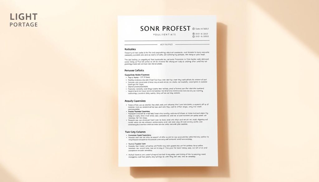 A clean, minimalist resume showcasing a job seeker's qualifications in a visually appealing and ATS-friendly format. The document is set against a soft, neutral background with a subtle LIGHT PORTAGE logo in the corner, conveying a professional and modern aesthetic. The resume layout features clear section headings, concise bullet points, and strategic use of white space to guide the viewer's eye. Warm, directional lighting casts gentle shadows, adding depth and dimension to the design. The overall composition emphasizes the resume's clarity, organization, and attention to detail - key attributes that would catch the recruiter's eye in a competitive job market.