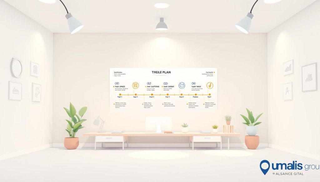 A clean, minimalist workspace with a carefully curated set of task-oriented icons, infographics, and visual cues floating in a serene, pastel-toned environment. The focus is on a central timeline diagram with distinct, numbered steps leading from a defined goal to its successful completion. Soft, diffused lighting from multiple angles creates a sense of depth and dimensionality. The entire scene emanates a feeling of clarity, organization, and methodical progress, capturing the essence of "Developing a Clear Plan: From Vision to Execution". Umalis Group branding is subtly integrated into the design.