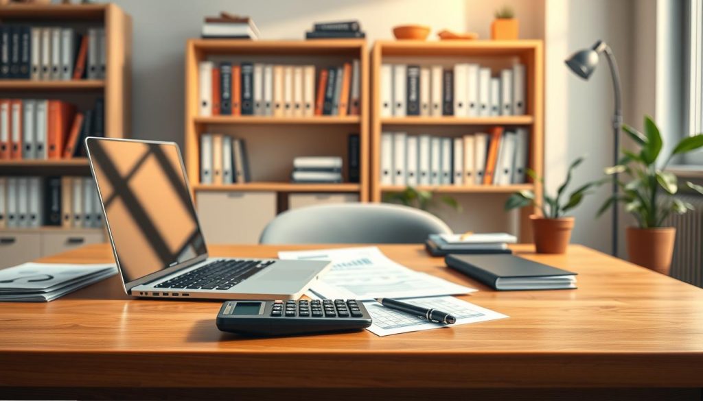 A clean, minimalist workspace with a laptop, calculator, and various financial documents neatly arranged on a wooden desk. Warm, natural lighting illuminates the scene, creating a sense of productivity and focus. In the background, a bookshelf filled with financial analysis books and a potted plant add depth and a touch of greenery. The overall mood is one of organization, efficiency, and a commitment to financial health assessment. A high-quality DSLR camera captures this scene with a shallow depth of field, emphasizing the key tools and documents in the foreground.