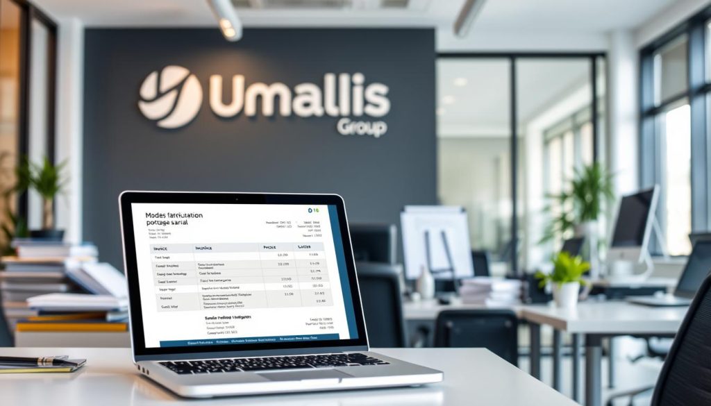 A clean, modern business office scene with the Umalis Group logo prominently displayed on the wall. In the foreground, a laptop screen shows a detailed invoice with various billing options for "Modes facturation portage salarial". The middle ground features office supplies and equipment, conveying a professional, organized atmosphere. The background showcases large windows with natural lighting, creating a bright, airy ambiance. The overall mood is one of efficiency, clarity, and confidence in managing the financial aspects of a salaried employment contract. A clean, modern business office scene with the Umalis Group logo prominently displayed on the wall. In the foreground, a laptop screen shows a detailed invoice with various billing options for "Modes facturation portage salarial". The middle ground features office supplies and equipment, conveying a professional, organized atmosphere. The background showcases large windows with natural lighting, creating a bright, airy ambiance. The overall mood is one of efficiency, clarity, and confidence in managing the financial aspects of a salaried employment contract.