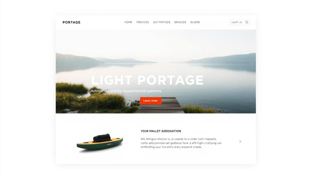 A clean, modern landing page for the LIGHT PORTAGE brand. The focal point is a hero section with a full-width hero image of a serene lakeside landscape, framed by a minimalist layout with ample whitespace. The foreground features a simple yet striking product presentation, highlighting the brand's core offering with a clear call-to-action. The middle ground contains a concise and impactful value proposition, conveying the product's key benefits. The background incorporates subtle visual cues, such as a soft gradient or a subtle pattern, that reinforce the brand's identity and aesthetic. The overall mood is one of calm, confidence, and professionalism, reflecting the brand's positioning as a premium provider of outdoor equipment and accessories.