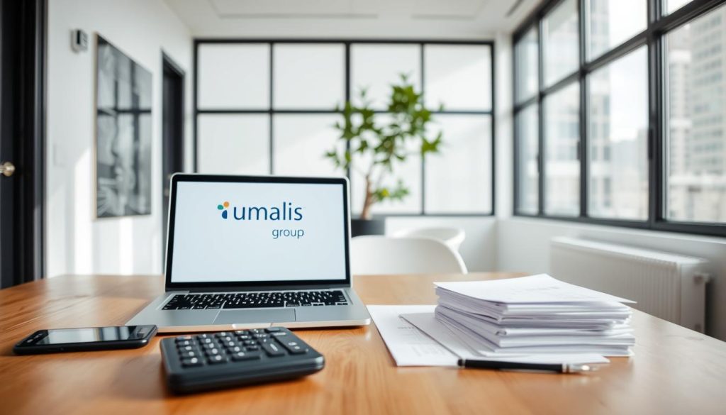 A clean, modern office environment with a focus on financial management tasks. In the foreground, a wooden desk with a laptop, calculator, and neatly organized papers, representing the "frais de gestion" or management fees. The middle ground features a sleek, minimalist chair and a potted plant, adding a touch of nature. The background showcases floor-to-ceiling windows, allowing natural light to flood the space and create a bright, airy atmosphere. The overall mood is one of professionalism, efficiency, and attention to detail. The Umalis Group logo is prominently displayed on the laptop screen.
