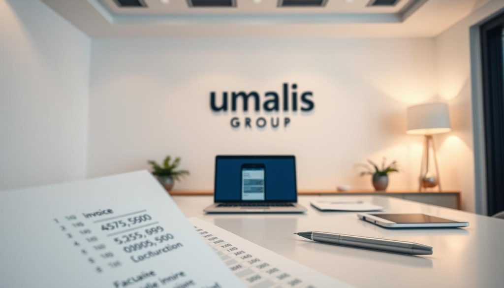 A clean, modern office interior with a large desk featuring a laptop, paperwork, and a pen. The Umalis Group logo is prominently displayed on the wall behind the desk. Soft, indirect lighting casts a warm glow, creating a professional yet inviting atmosphere. The foreground shows a partially obscured document with numerical calculations, representing the "facturation" process. The middle ground features a smartphone or tablet displaying an invoice or payment interface. The background has minimalist decor, emphasizing the focus on the financial tasks at hand. An overall sense of efficiency, organization, and attention to detail permeates the scene.