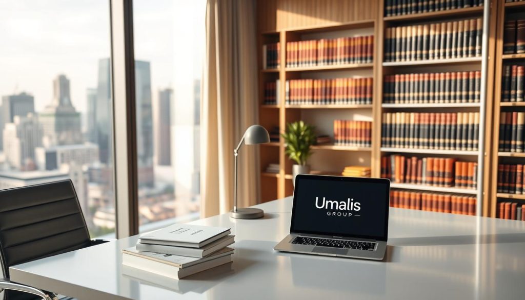 A clean, modern office interior with a large window overlooking a bustling city skyline. Soft, natural lighting filters in, casting a warm glow over a sleek, minimalist desk. On the desk, a laptop displays the Umalis Group logo, alongside neatly organized legal documents and a stylish desk lamp. In the background, bookshelves line the walls, filled with volumes on business, finance, and labor law. The atmosphere is one of professionalism, expertise, and a steadfast commitment to providing legal guidance in the evolving landscape of "portage salarial". A clean, modern office interior with a large window overlooking a bustling city skyline. Soft, natural lighting filters in, casting a warm glow over a sleek, minimalist desk. On the desk, a laptop displays the Umalis Group logo, alongside neatly organized legal documents and a stylish desk lamp. In the background, bookshelves line the walls, filled with volumes on business, finance, and labor law. The atmosphere is one of professionalism, expertise, and a steadfast commitment to providing legal guidance in the evolving landscape of "portage salarial".