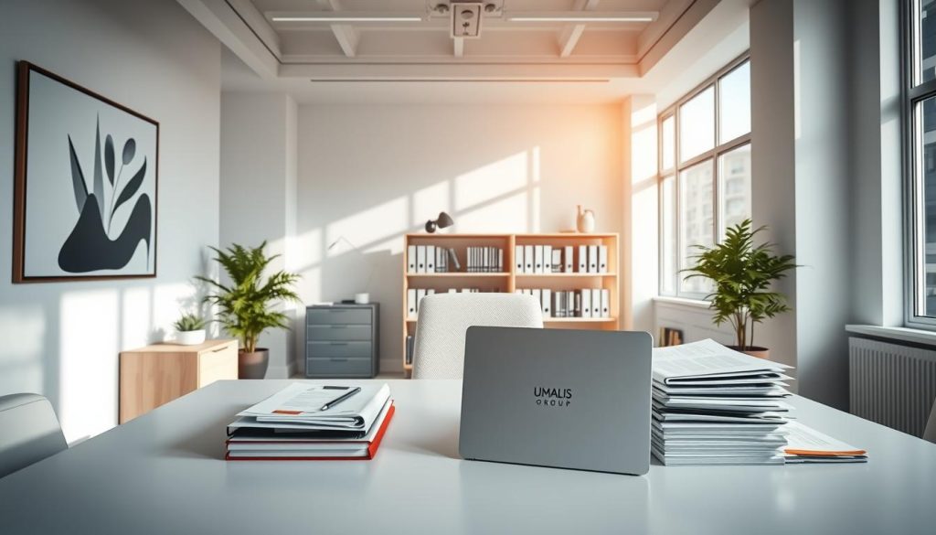 A clean, modern office interior with plenty of natural light streaming through large windows. On the desk, a sleek laptop, a neatly organized collection of files and documents, and the UMALIS GROUP logo prominently displayed. The walls are adorned with minimalist artwork, conveying a sense of professionalism and efficiency. In the background, a bookshelf filled with business reference materials. The overall scene radiates an atmosphere of administrative mastery and control, reflecting the diligent management of tasks and paperwork associated with "Gestion Administrative".