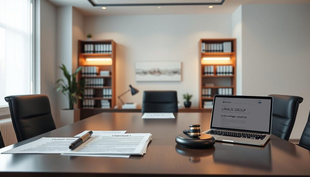 A clean, modern office space with a large desk featuring the "Umalis Group" logo, surrounded by legal documents, contracts, and a laptop displaying information about "contrats portage salarial." Soft, directional lighting illuminates the scene, creating a professional and authoritative atmosphere. The background features neutral-toned walls and shelves filled with books, giving a sense of expertise and credibility. The overall composition conveys the legal and administrative aspects of the "portage salarial" concept for independent workers.