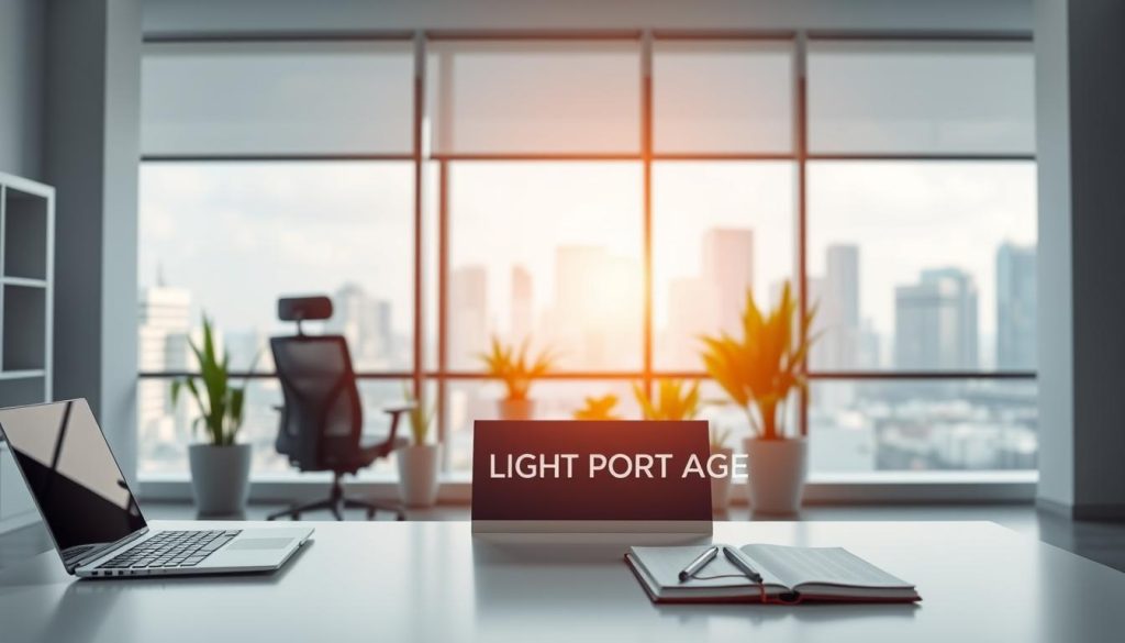 A clean, modern office space with a minimalist aesthetic. In the foreground, a stylish desk with a laptop, notepad, and a branded "LIGHT PORTAGE" sign. The middle ground features a comfortable ergonomic chair and potted plants, creating a serene and productive environment. The background showcases large windows overlooking a cityscape, bathing the scene in warm, natural lighting. The overall mood is one of professionalism, efficiency, and the flexibility of IT contracting, as exemplified by the LIGHT PORTAGE brand.