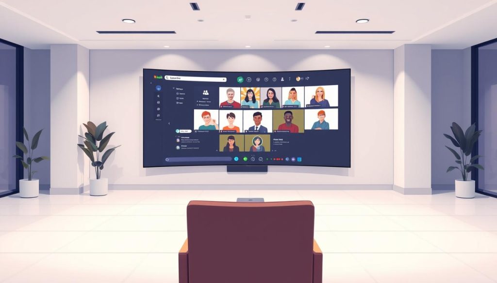 A clean, modern office workspace with a large, curved Microsoft Teams interface prominently displayed on a wall-mounted display. The interface shows a collaborative meeting in progress, with participants' video feeds, shared documents, and productivity tools visible. Soft, diffused lighting illuminates the scene, creating a warm and inviting atmosphere. The room is spacious, with minimalist furniture and decor, emphasizing the focus on the technology-enabled collaboration. The overall composition conveys a sense of efficiency, connectivity, and the empowerment of independent professionals in the modern workforce.