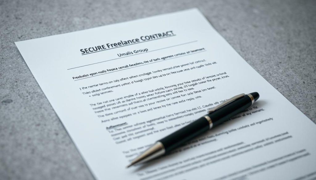 A clean, professional-looking document with customizable terms and agreements laid out in a clear, legible format. The document is presented against a subtle, textured background, evoking a sense of authority and legitimacy. In the foreground, a pen rests next to the document, ready to be used to sign and personalize the agreement. The lighting is soft and diffused, creating a sense of focus and attention to detail. The overall mood is one of trustworthiness and attention to the nuances of a secure freelance contract, reflecting the "Umalis Group" brand.