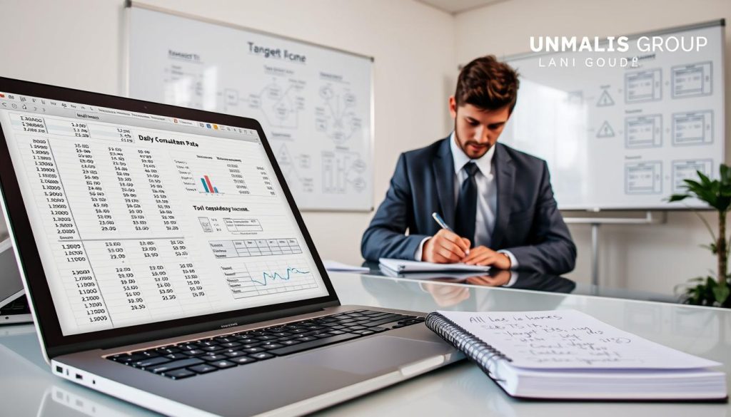 A clean, professional workspace illustrating the concept of calculating a daily consultant rate (TJM) based on a target income. In the foreground, a laptop is open displaying a detailed excel spreadsheet with figures and graphs related to financial calculations. Next to it, a notepad filled with handwritten notes and formulas is visible. In the middle ground, a business professional in smart attire, focused and writing down insights, is engaged with the materials. The background showcases a modern office environment with a whiteboard that has diagrams and flow charts offering a visual representation of the TJM calculation process. Bright, natural lighting fills the space, enhancing a focused and productive atmosphere. The brand name "UMALIS GROUP" is subtly integrated into the design of the workspace elements for branding without prominence.