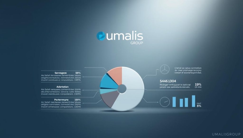 A clean, professionally-designed infographic depicting the remuneration breakdown and financial metrics of a salarial portage service. The foreground features a detailed pie chart illustrating the various cost components, with a sleek, minimalist data visualization style. The middle ground showcases the Umalis Group logo, conveying the service provider. The background is a soft, subdued gradient in calming shades of blue and gray, creating a sense of trustworthiness and stability. Subtle lighting from the top left casts a professional, authoritative atmosphere. The overall aesthetic is sophisticated, informative, and visually captivating, suitable for inclusion in the article's "Rémunération portage salarial" section. A clean, professionally-designed infographic depicting the remuneration breakdown and financial metrics of a salarial portage service. The foreground features a detailed pie chart illustrating the various cost components, with a sleek, minimalist data visualization style. The middle ground showcases the Umalis Group logo, conveying the service provider. The background is a soft, subdued gradient in calming shades of blue and gray, creating a sense of trustworthiness and stability. Subtle lighting from the top left casts a professional, authoritative atmosphere. The overall aesthetic is sophisticated, informative, and visually captivating, suitable for inclusion in the article's "Rémunération portage salarial" section.
