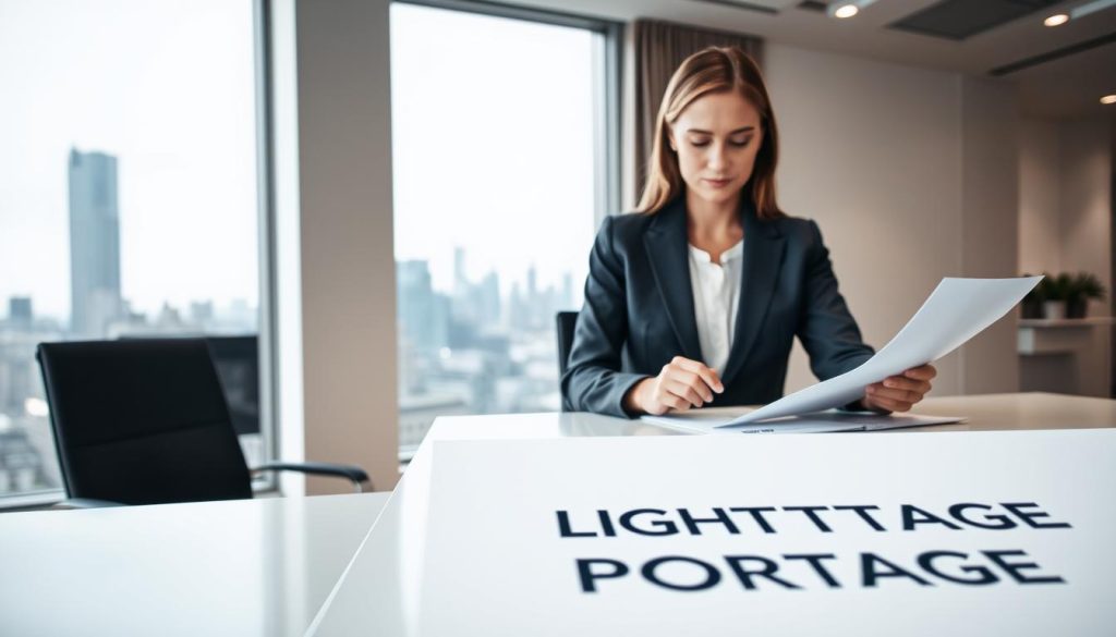 A clean, well-lit modern office setting with a large window overlooking a city skyline. In the foreground, a professional-looking woman in a smart business attire sits at a desk, reviewing documents. The desk surface features the LIGHT PORTAGE brand logo prominently displayed. The middle ground shows a sleek, minimalist interior design with neutral tones and clean lines. In the background, the city skyline is visible through the window, conveying a sense of professionalism and success. The overall scene evokes an atmosphere of productivity, legality, and the legal framework governing the "portage salarial" employment model.