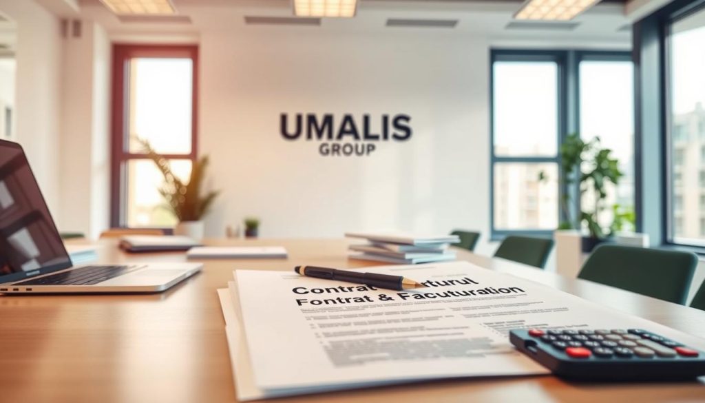 A clean, well-lit office interior with a desk, laptop, and stacks of documents. In the foreground, a contract document titled "Contrat Travail Facturation" sits on the desk, its pages neatly organized. A pen and a calculator are placed nearby, suggesting the process of review and calculation. The middle ground features a UMALIS GROUP logo prominently displayed on the wall, conveying the professional context. The background showcases tall windows, allowing natural light to filter in and create a warm, productive atmosphere. The overall scene conveys the efficient and streamlined workflow associated with the "Fonctionnement : Du contrat de travail à la facturation" section of the article.