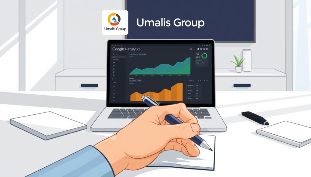 A clean, well-lit office setting, with a minimalist desk and a laptop displaying the Google Analytics dashboard. In the foreground, a hand holds a pen, poised to take notes. Soft, natural lighting illuminates the scene, creating a calm and focused atmosphere. The Umalis Group logo discreetly appears in the top corner, indicating the professional nature of the setup. The overall scene conveys the process of analyzing and interpreting Google Analytics data for informed decision-making.
