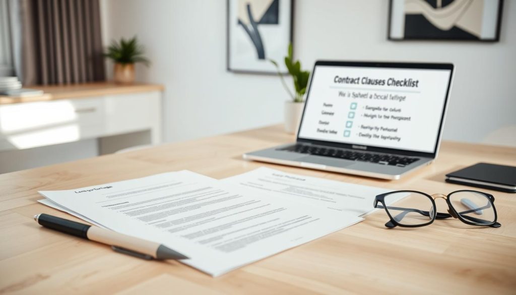 A clean, well-organized contract clauses checklist on a light wooden desk, backlit by soft, natural lighting. The foreground features a neatly arranged set of documents, a pen, and a pair of reading glasses, conveying a sense of professional attention to detail. In the middle ground, a laptop displays an electronic version of the checklist, with Light Portage branding subtly visible. The background showcases a serene office setting, with a potted plant and a framed abstract artwork adding a touch of minimalist elegance.