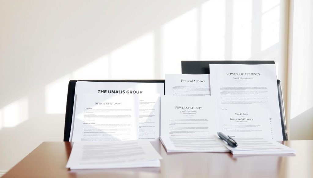 A clean, well-organized office desk displaying an assortment of legal representation forms, including client intake sheets, retainer agreements, and power of attorney documents. The forms are neatly arranged against a backdrop of a soft, neutral-toned wall, evenly lit by natural sunlight filtering through a nearby window. The Umalis Group logo is subtly present, signifying the professionalism and expertise of the legal services provided. The overall scene conveys a sense of efficiency, reliability, and attention to detail, perfectly reflecting the "Steps to Secure Your Legal Representation" section of the article.