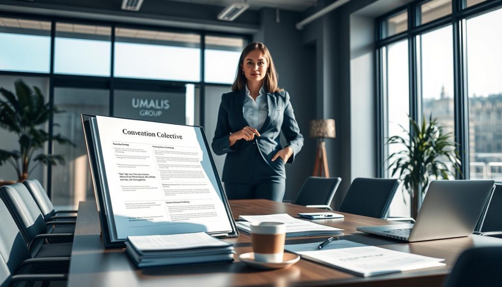 A clear and professional image illustrating the concept of "portage salarial" and "convention collective." In the foreground, a confident consultant in business attire stands beside a large, open binder labeled "Convention Collective." She is pointing at a detailed chart showing relevant guidelines and regulations. In the middle, a meeting table with laptops, documents, and a coffee cup conveys a collaborative atmosphere. The background features a modern office setting with large windows allowing natural light to flood the space, casting soft shadows. The overall mood is focused and professional, indicating important discussions are taking place. Include subtle branding elements suggesting "UMALIS GROUP" in the room decor without being overt. The angle captures both the consultant and the elements on the table, emphasizing professionalism and clarity in consulting.