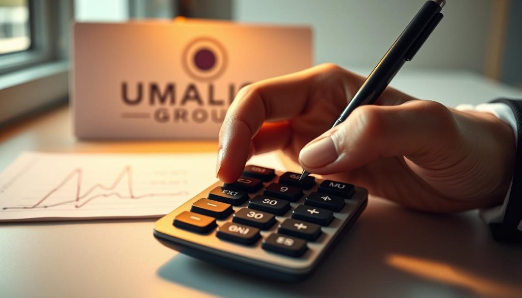 A close-up, hyper-realistic view of a calculator display showing complex financial calculations, with a stylish, professional-looking hand holding a pen poised to make notes. The scene is bathed in warm, soft lighting that creates a thoughtful, analytical atmosphere. In the background, a clean, minimalist desk surface with the UMALIS GROUP logo prominently displayed, conveying a sense of expertise and trustworthiness. The overall composition emphasizes the importance of carefully calculating the ideal daily rate (TJM) for successful freelance work.
