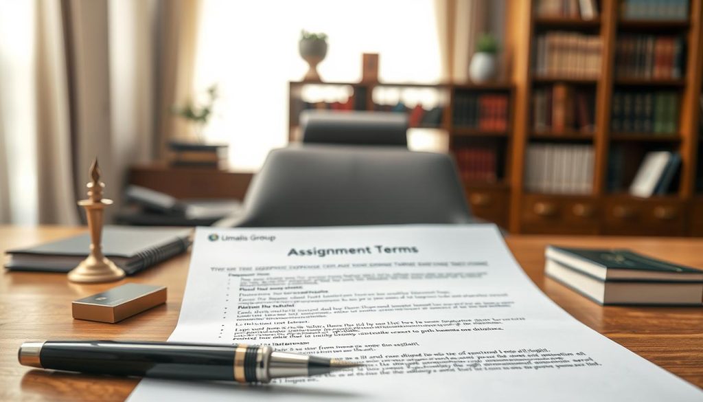A close-up image depicting a written approval document for assignment expense terms, prominently featuring the Umalis Group logo at the top. The foreground displays a neatly organized desk with a wooden surface, a luxurious fountain pen resting beside the document, and a small stack of professional business cards. In the middle ground, the document is partially unfolded, showcasing typed text with clear headers and bullet points outlining the expense terms. The background features a softly blurred office setting, with elegant bookshelves and a gentle light streaming through a window, creating a warm, professional atmosphere. The overall mood is one of clarity and professionalism, emphasizing the importance of clear communication in business arrangements.