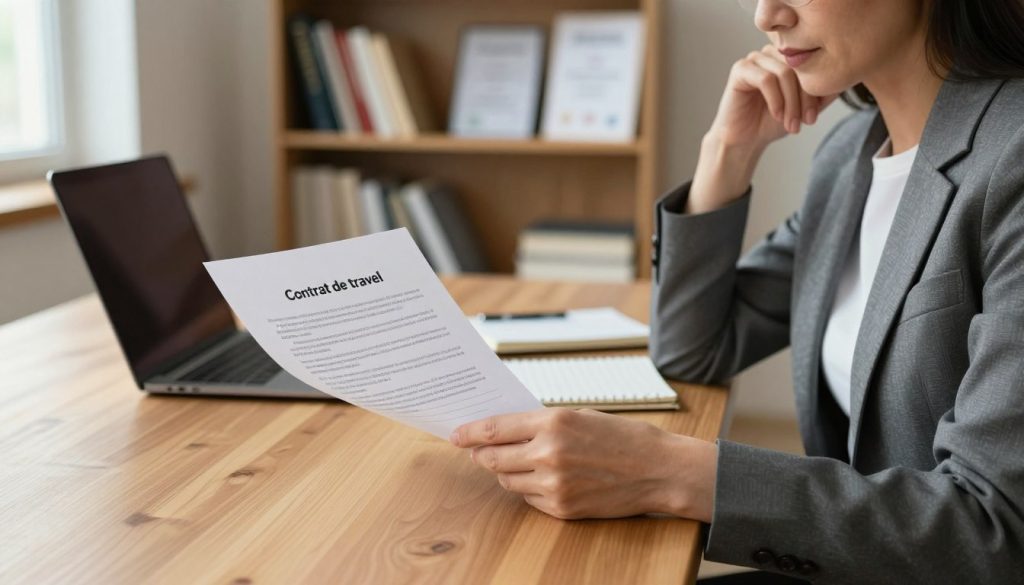 A close-up scene depicting a professional workspace featuring a "contrat de travail" document prominently displayed on a sleek wooden desk. In the foreground, a well-dressed businessperson, a middle-aged woman in a tailored suit, examines the contract with a thoughtful expression. The middle ground includes a laptop and a notepad, suggesting active work. The background displays soft-focus shelves filled with books and certificates, adding a scholarly aspect. The lighting is warm and inviting, coming from a nearby window, creating a sense of clarity and focus. The overall atmosphere conveys professionalism and seriousness, underscoring the importance of legal frameworks in employment.