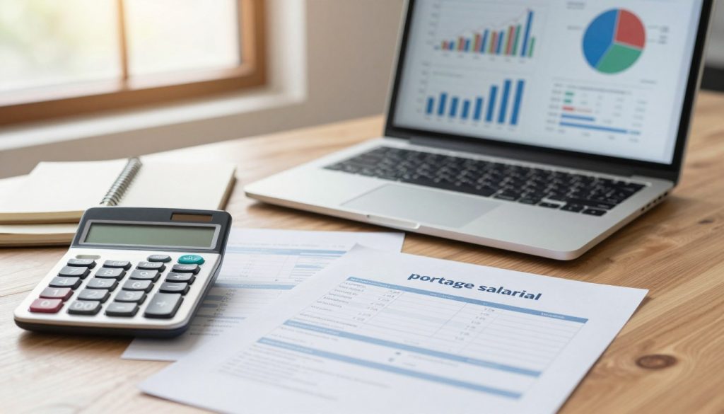 A close-up scene depicting an office desk with essential business items symbolizing the costs associated with "portage salarial." In the foreground, a calculator, notepad, and invoices are neatly arranged, showcasing calculations and figures. In the middle ground, an elegant laptop screen displays financial graphs and pie charts, reflecting the analysis of expenses. In the background, a window with soft, natural light filtering in gives a warm, inviting atmosphere to the space, suggesting a professional yet approachable environment. The overall mood is focused and productive, capturing the essence of financial management in entrepreneurship. The composition should be shot from a slightly elevated angle, enhancing the view of the desk's contents while maintaining a clean, organized aesthetic. A close-up scene depicting an office desk with essential business items symbolizing the costs associated with "portage salarial." In the foreground, a calculator, notepad, and invoices are neatly arranged, showcasing calculations and figures. In the middle ground, an elegant laptop screen displays financial graphs and pie charts, reflecting the analysis of expenses. In the background, a window with soft, natural light filtering in gives a warm, inviting atmosphere to the space, suggesting a professional yet approachable environment. The overall mood is focused and productive, capturing the essence of financial management in entrepreneurship. The composition should be shot from a slightly elevated angle, enhancing the view of the desk's contents while maintaining a clean, organized aesthetic.