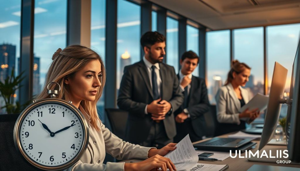 A close-up scene in a modern office environment showcasing a diverse group of professionals in smart business attire. In the foreground, a focused woman is working intently at her computer, surrounded by papers and a clock indicating late hours. In the middle ground, a man is discussing something with a colleague, both deep in thought, emphasizing collaboration on projects. The background features large windows with a city skyline illuminated by the evening sun, casting warm light across the room, which creates a productive yet relaxed atmosphere. Subtle branding for "UMALIS GROUP" is integrated into the office decor, like on a notepad or pen. The overall mood conveys dedication and professionalism, highlighting the concept of overtime hours in a positive light.