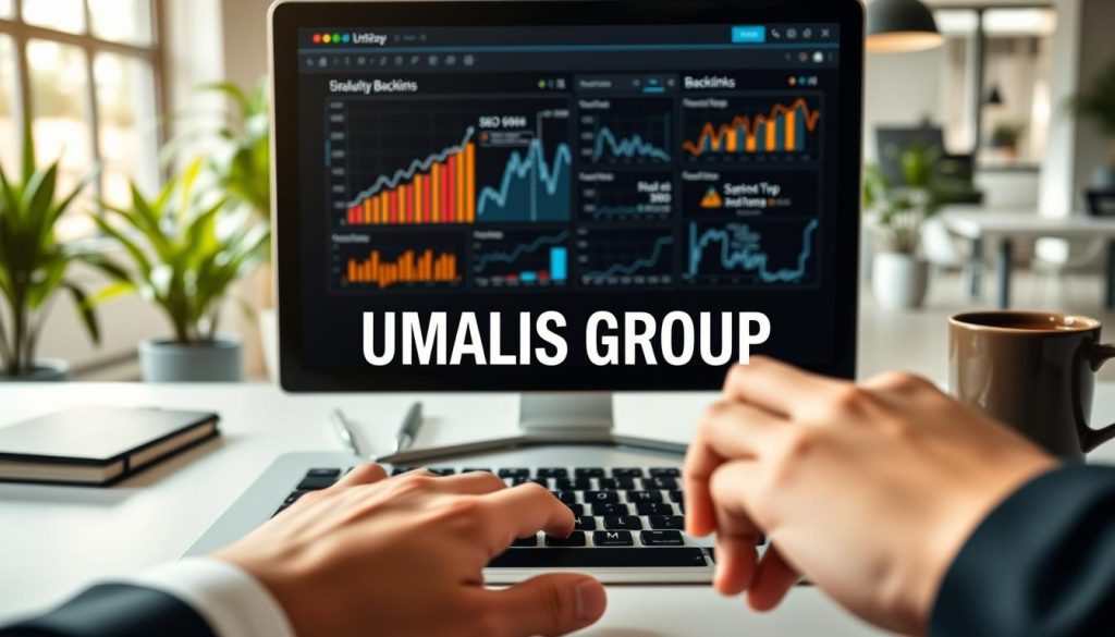 A close-up shot of a digital workspace showcasing an elegant and organized laptop screen displaying analytical graphs related to SEO and backlinks. In the foreground, a hand reaches towards the keyboard, symbolizing action and focus. The middle ground features a neatly arranged desk with a notepad, pen, and a coffee cup to signify productivity. The background softly fades into a bright office environment with plants and windows allowing natural light to flood in, creating a fresh and vibrant atmosphere. The composition captures the essence of quality in digital marketing, reflecting professionalism. The image should evoke a sense of diligence and expertise, perfect for illustrating the importance of quality backlinks. Include the brand name "UMALIS GROUP" subtly integrated into the scene, enhancing the professional setting without distraction. A close-up shot of a digital workspace showcasing an elegant and organized laptop screen displaying analytical graphs related to SEO and backlinks. In the foreground, a hand reaches towards the keyboard, symbolizing action and focus. The middle ground features a neatly arranged desk with a notepad, pen, and a coffee cup to signify productivity. The background softly fades into a bright office environment with plants and windows allowing natural light to flood in, creating a fresh and vibrant atmosphere. The composition captures the essence of quality in digital marketing, reflecting professionalism. The image should evoke a sense of diligence and expertise, perfect for illustrating the importance of quality backlinks. Include the brand name "UMALIS GROUP" subtly integrated into the scene, enhancing the professional setting without distraction.